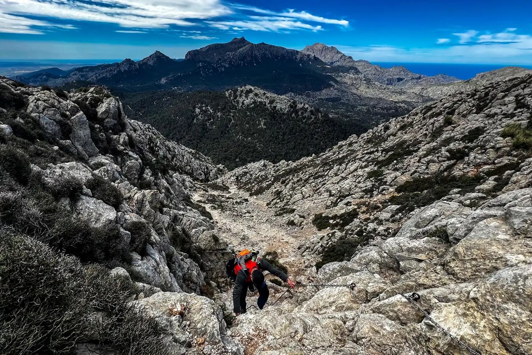 A hiker tackling the Traumuntana Three Summits in Mallorca.