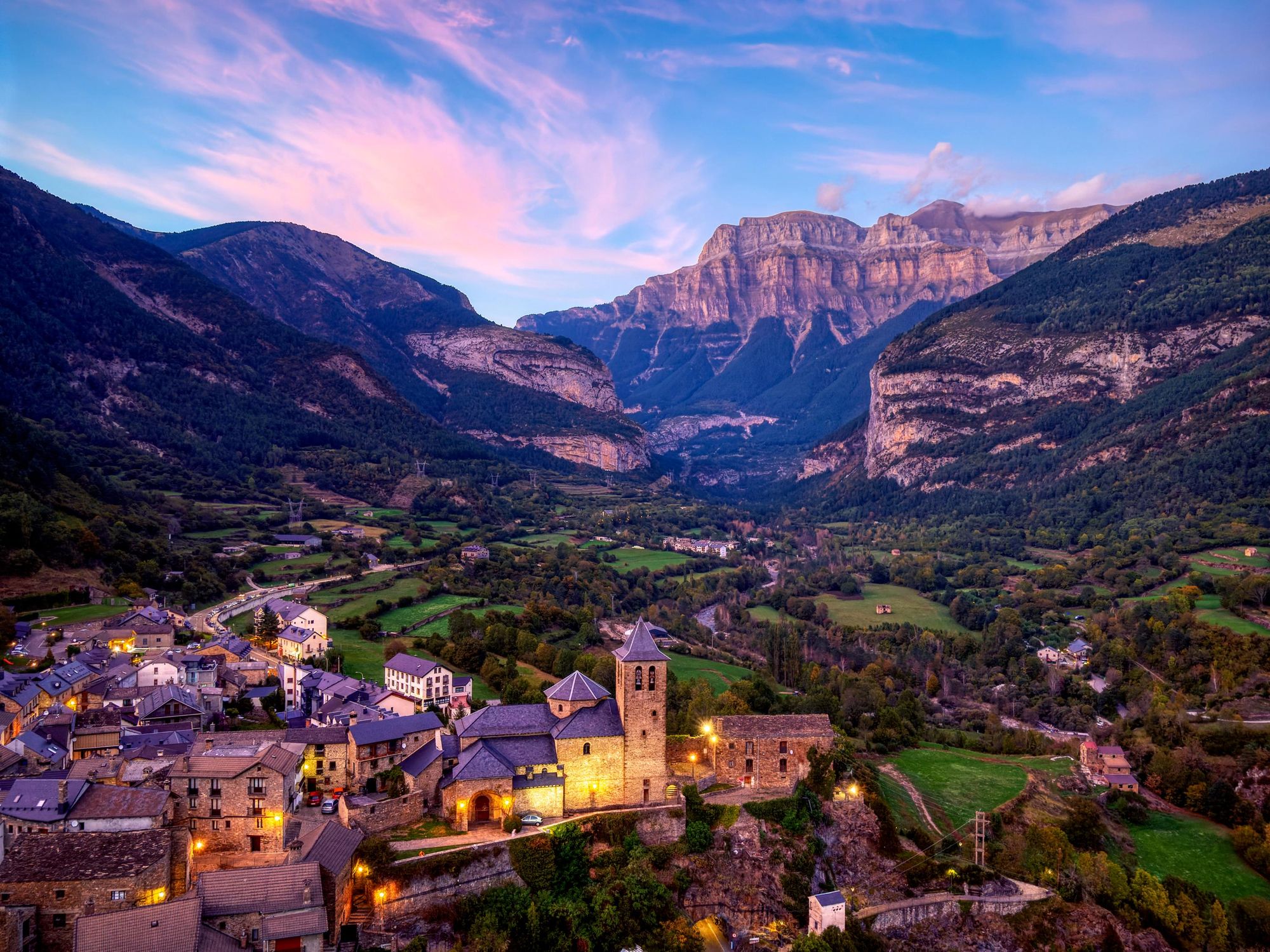 Torla-Ordesa at sunset and the Ordesa & Monte Perdido National Park in Pyrenees, Spain. Photo: Getty