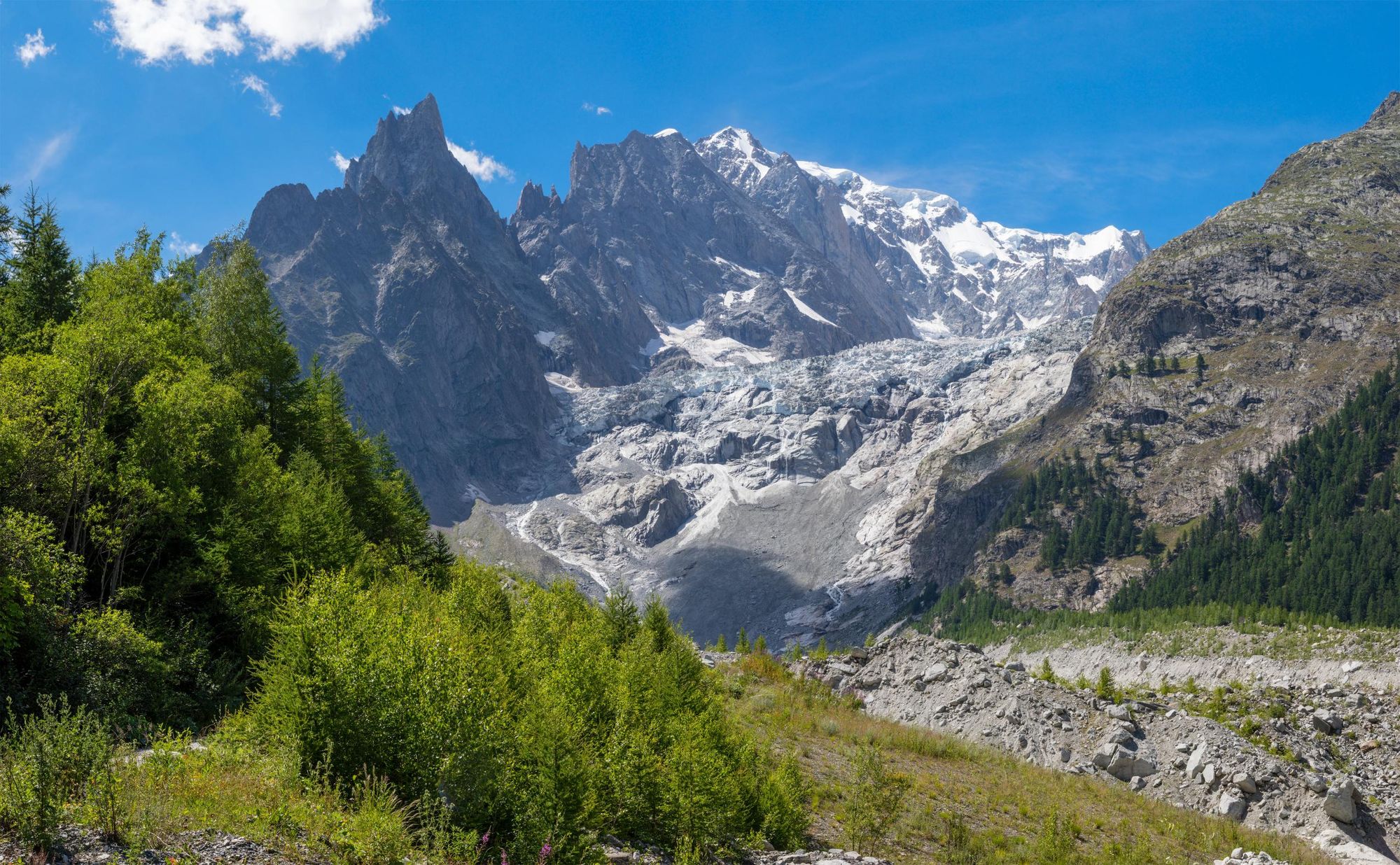 The Mont Blanc massif and Brenva glacier from Val Ferret valley. Photo: Getty