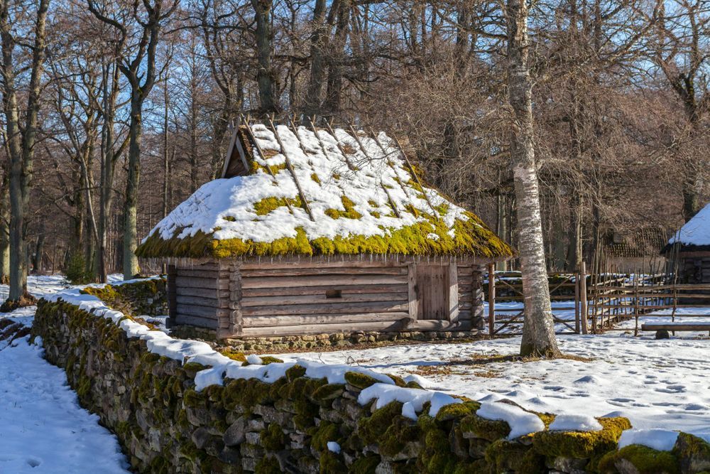 A log sauna in Estonia weighed down by snow. Photo: Getty