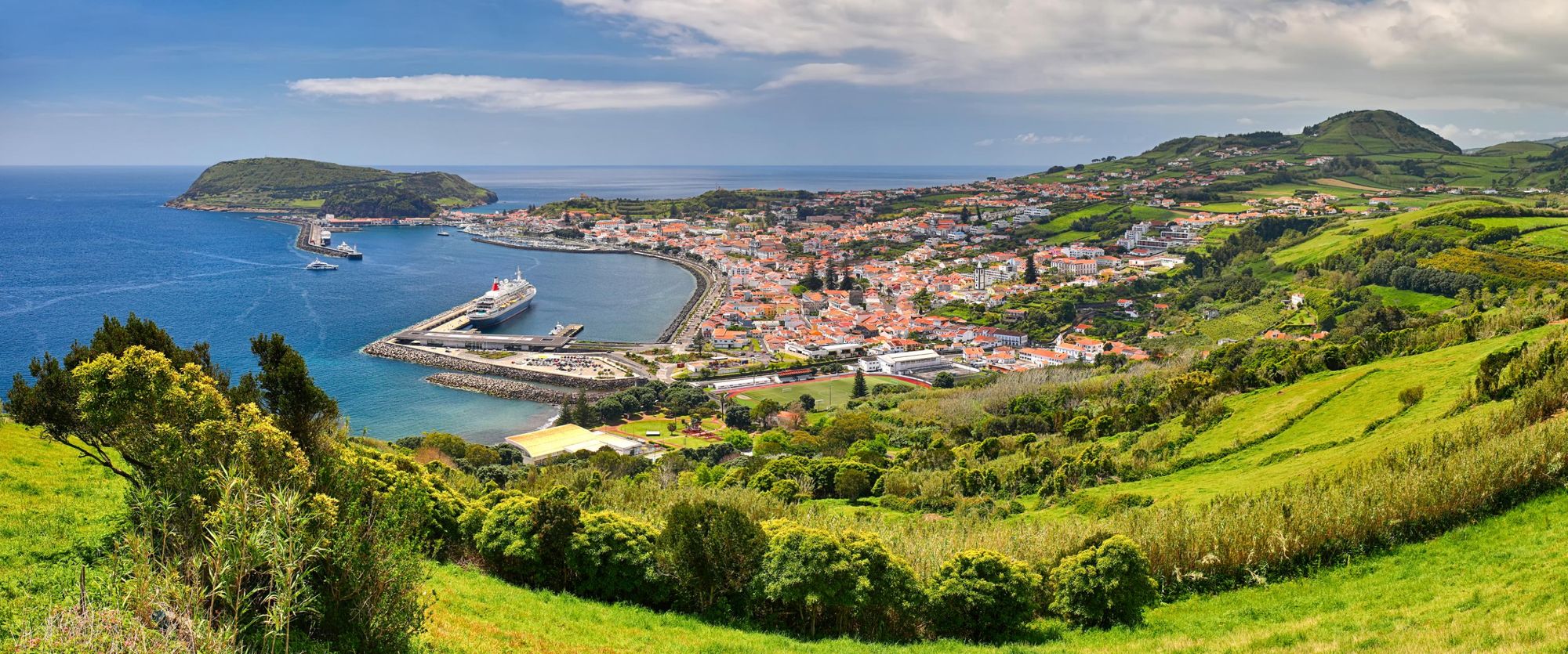 A ferry docked at Horta Bay on Faial Island in the Azores. Photo: Getty