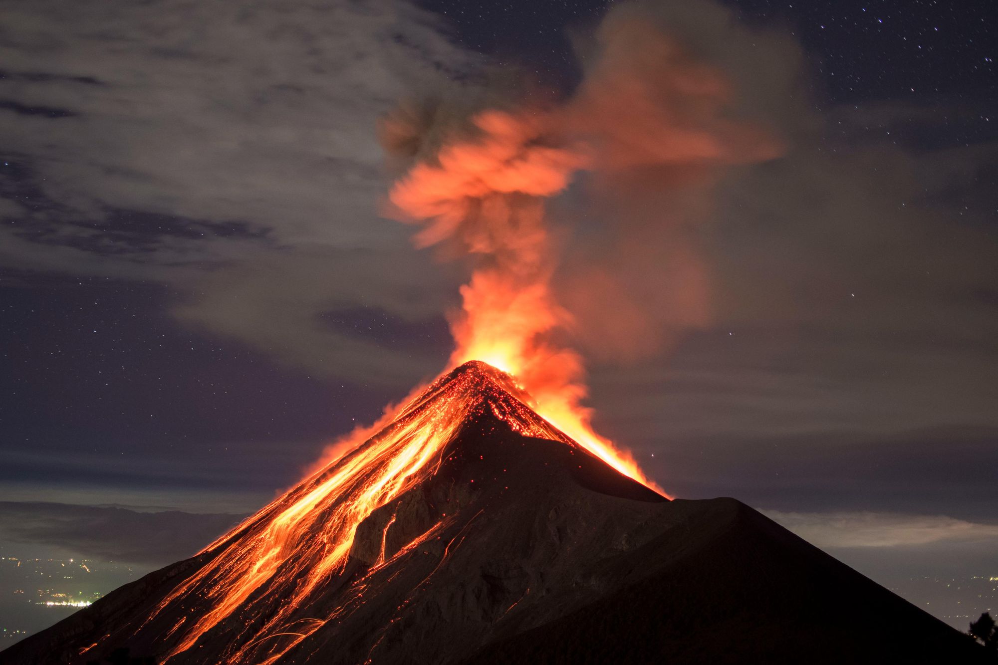 A view of Fuego from Acatenango Volcan,o which is right next to the fiery mountain. Photo: Getty