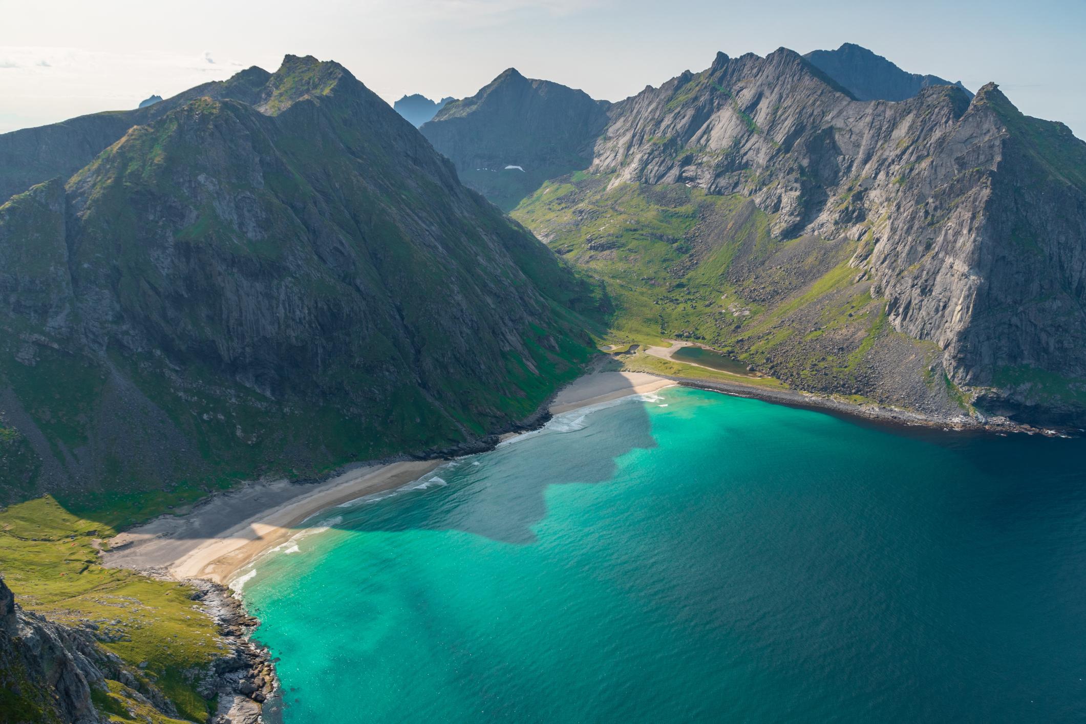 View of Kvalvika Beach from the summit of Ryten. Photo: Getty.