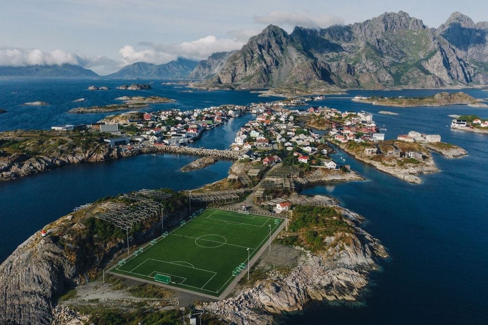 The remarkable football pitch on the Lofoten Islands, one of the most spectacular in the world. Photo: Getty