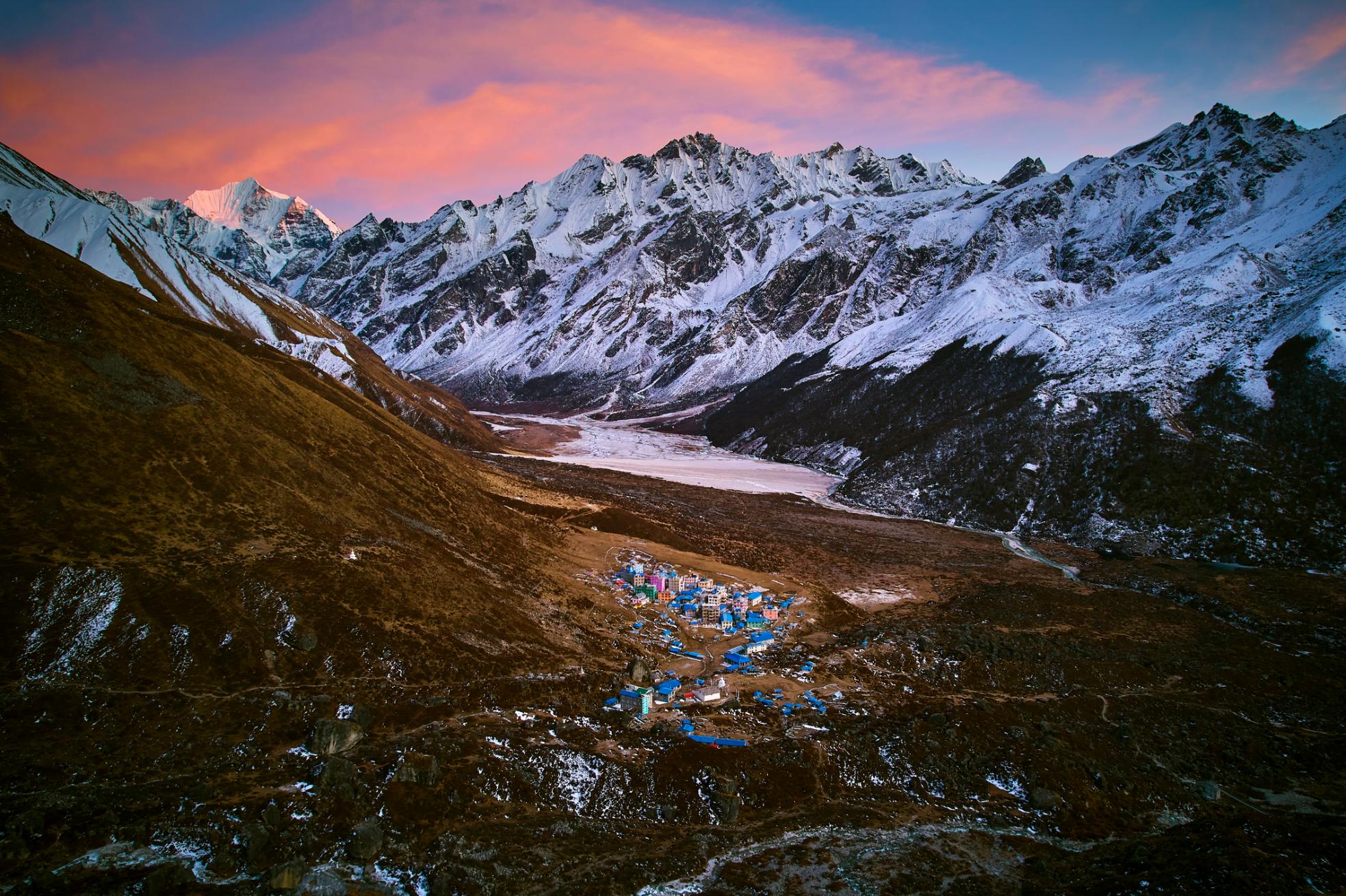 Sunset over Langtang village. Photo: Getty.