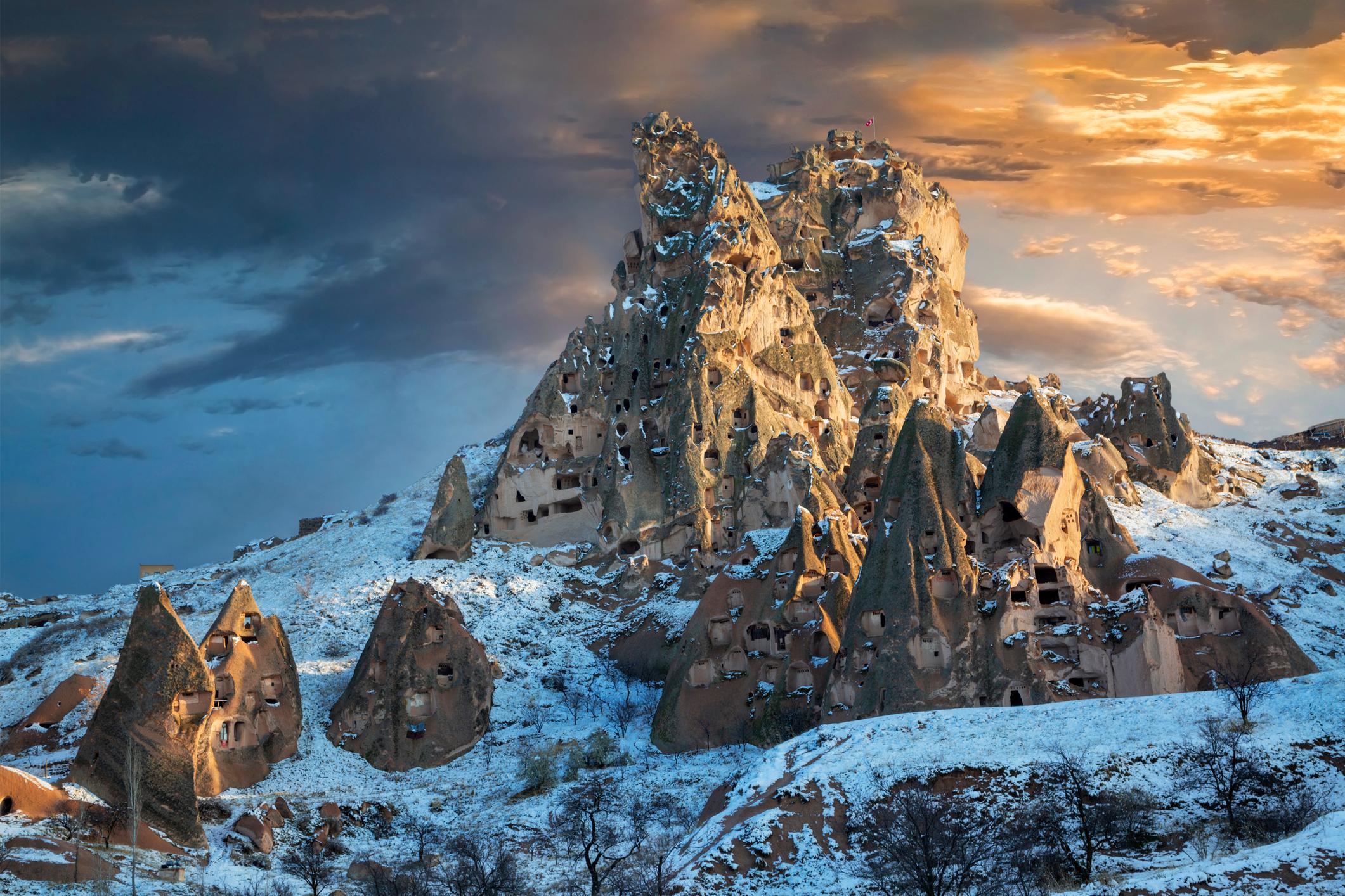 Uchisar Castle in Cappadocia during winter. Photo: Getty.