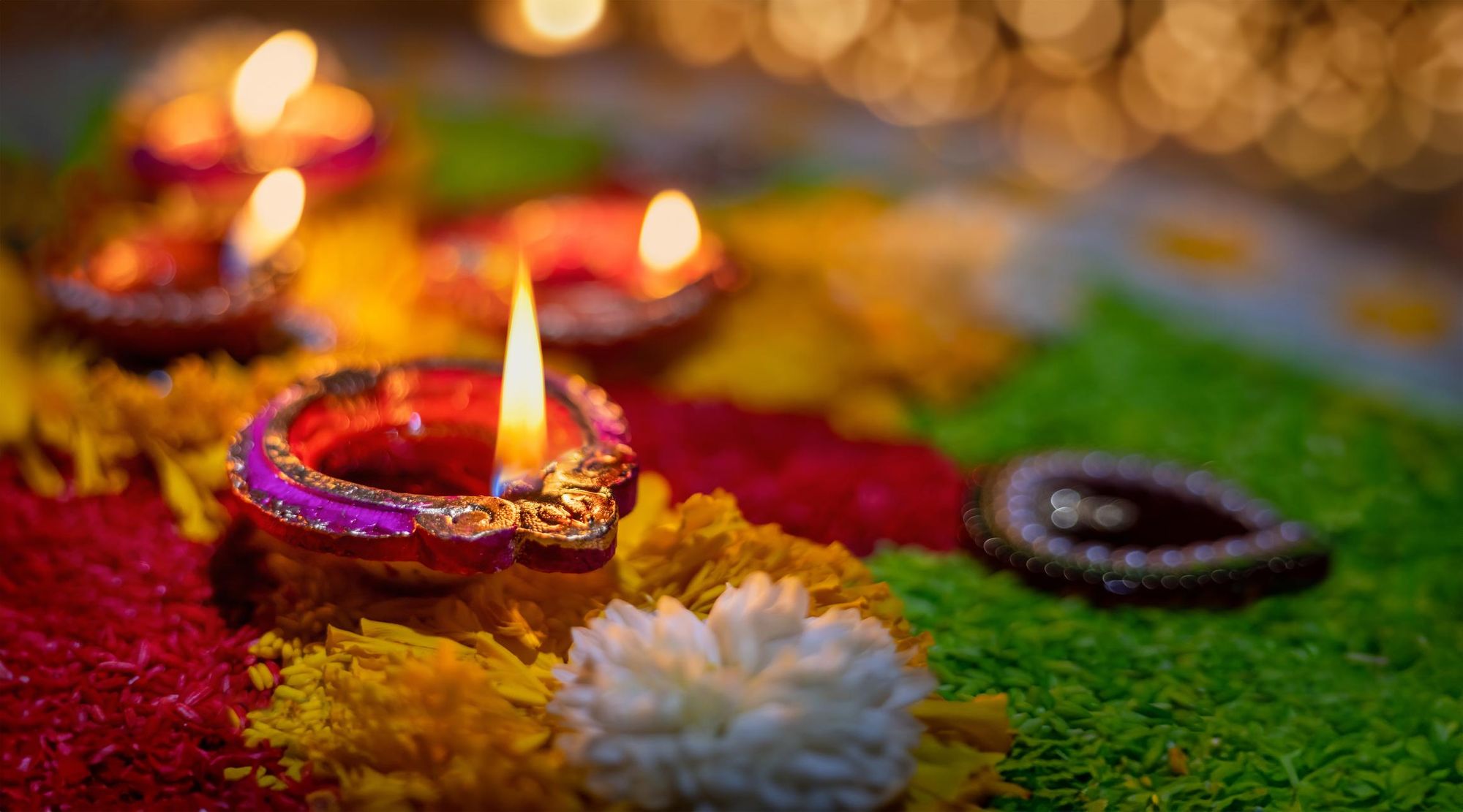 Clay diya lamps lit for Diwali, India's most common cultural celebration. Photo: Getty.