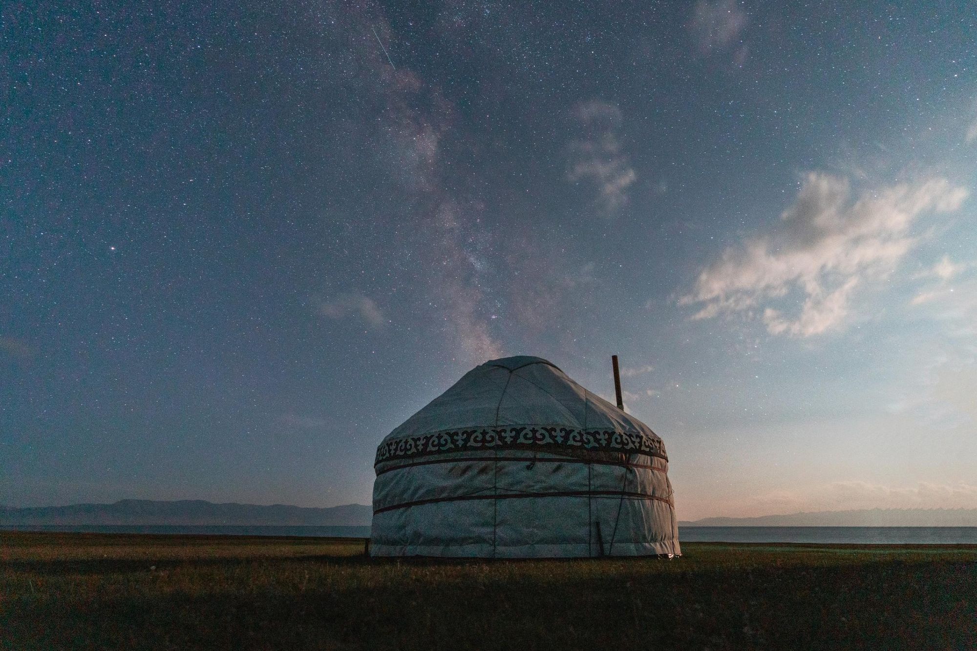 A yurt in Kyrgyzstan as night begins to fall over the steppe of the country. Photo: Getty