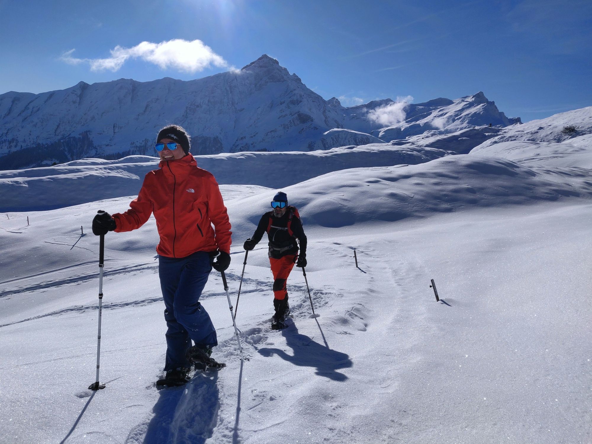 Hikers snowshoeing to Sennes Hut in the Dolomites.. Photo: Wild in the Dolomiti.