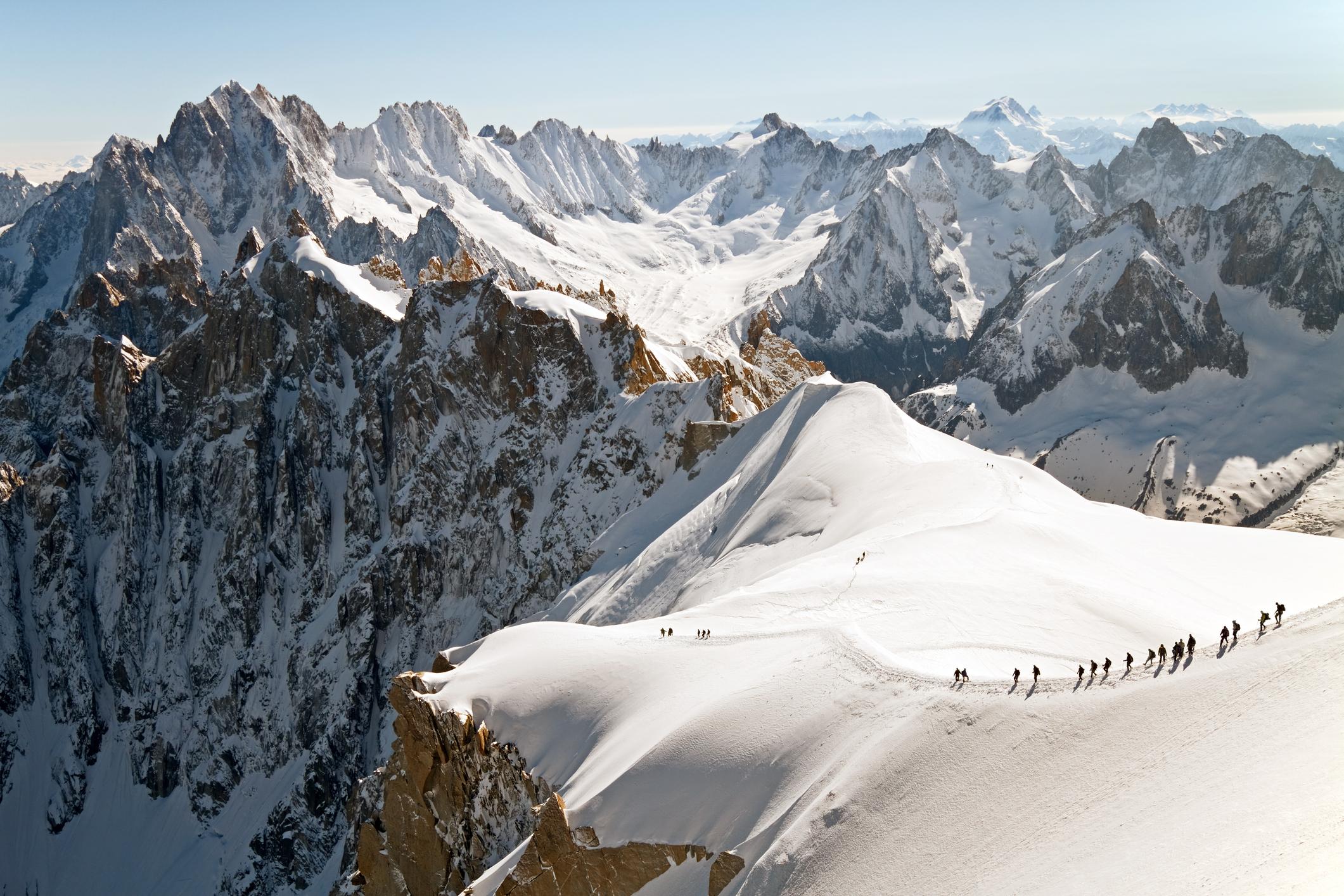 The Mont Blanc climb involves snowy ridgelines and enormous views. Photo: Getty