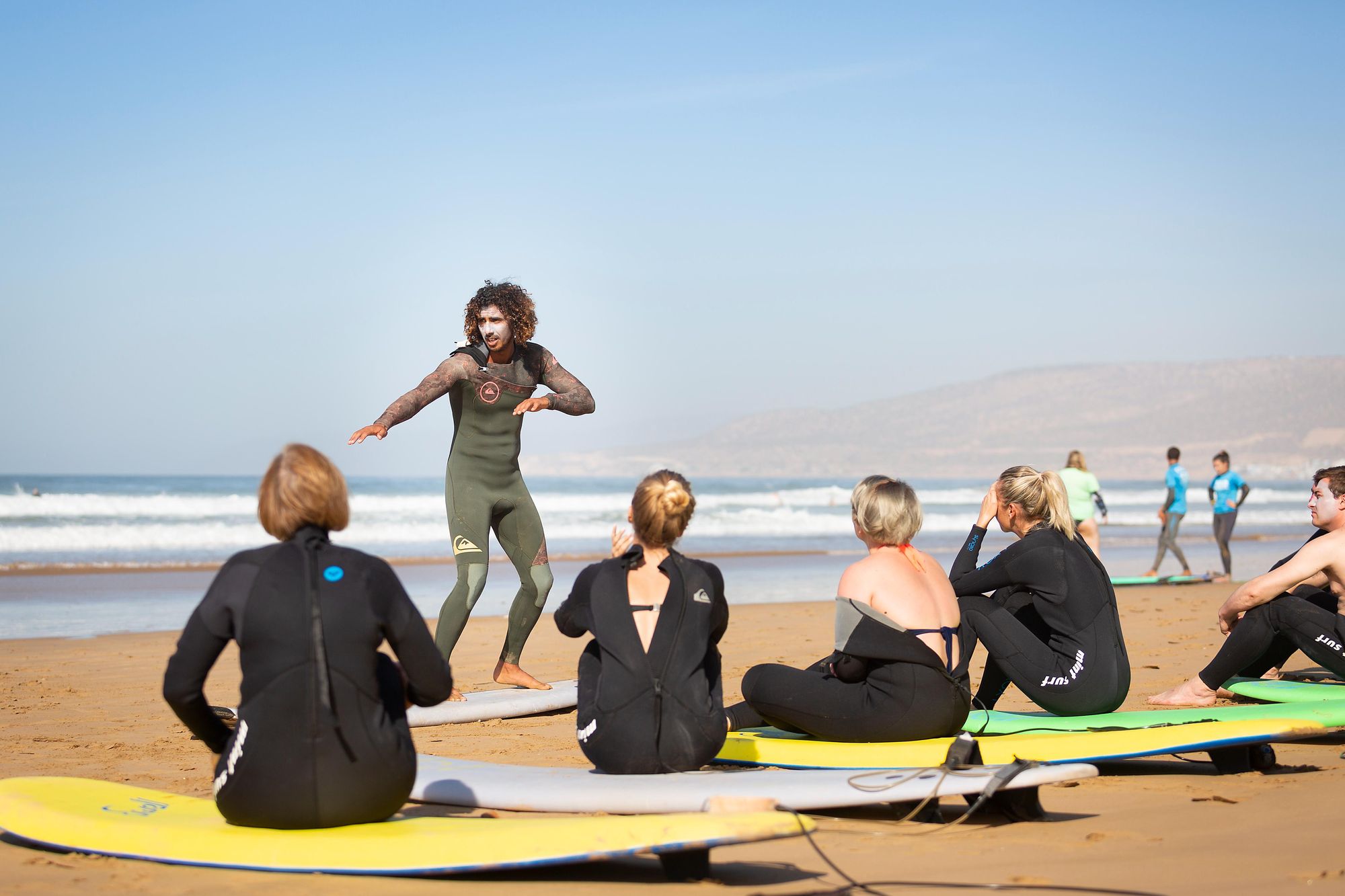 A surfing lesson in Taghazout, Morocco.