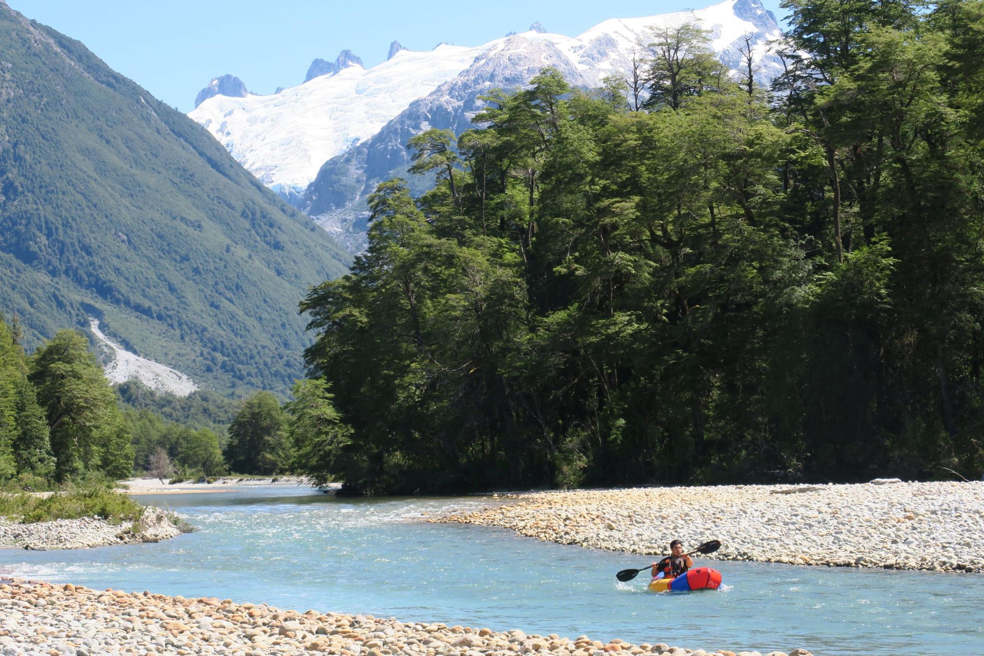 Packrafting in the Rio Ventisquero. Photo: Birds Chile