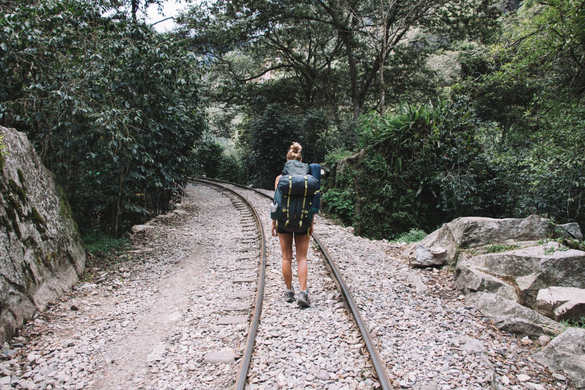 Hiker on the train tracks between Lucmabamba and Aguas Calientes.