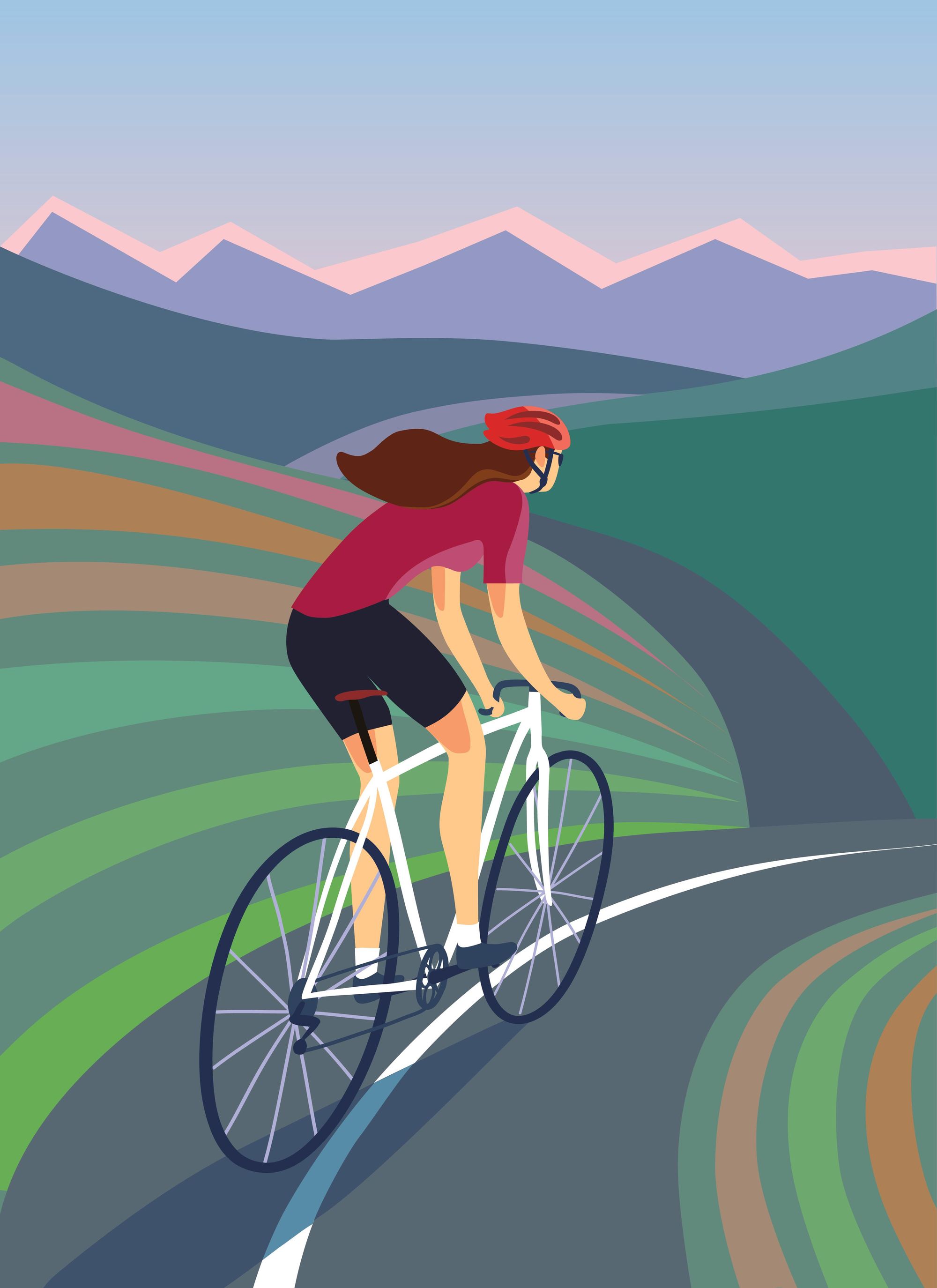 An illustration of a woman riding a road bicycle, out of the saddle. Illustration: Getty