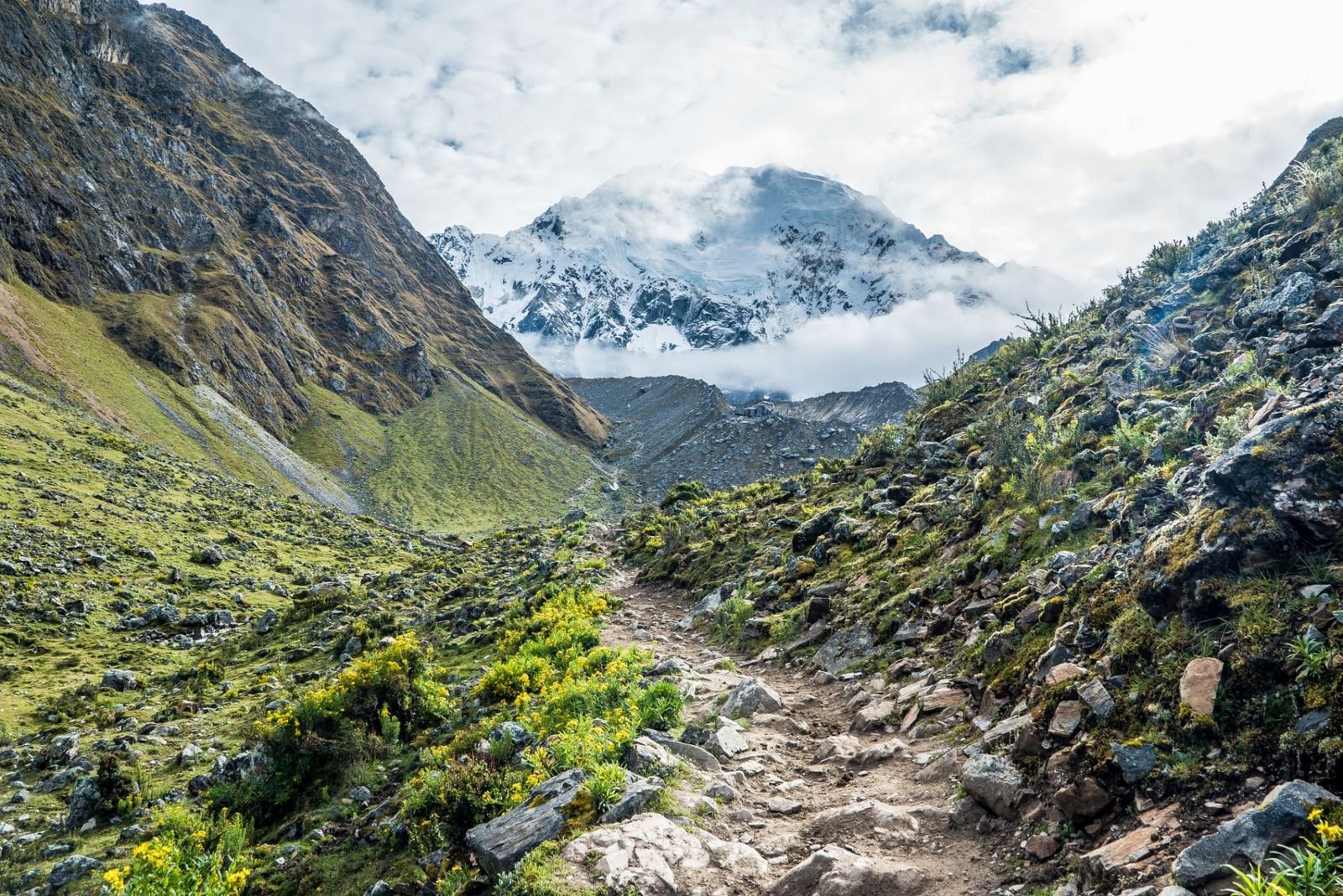 The Salkantay Trek trail, with Salkantay Mountain in the background. Photo: Getty.