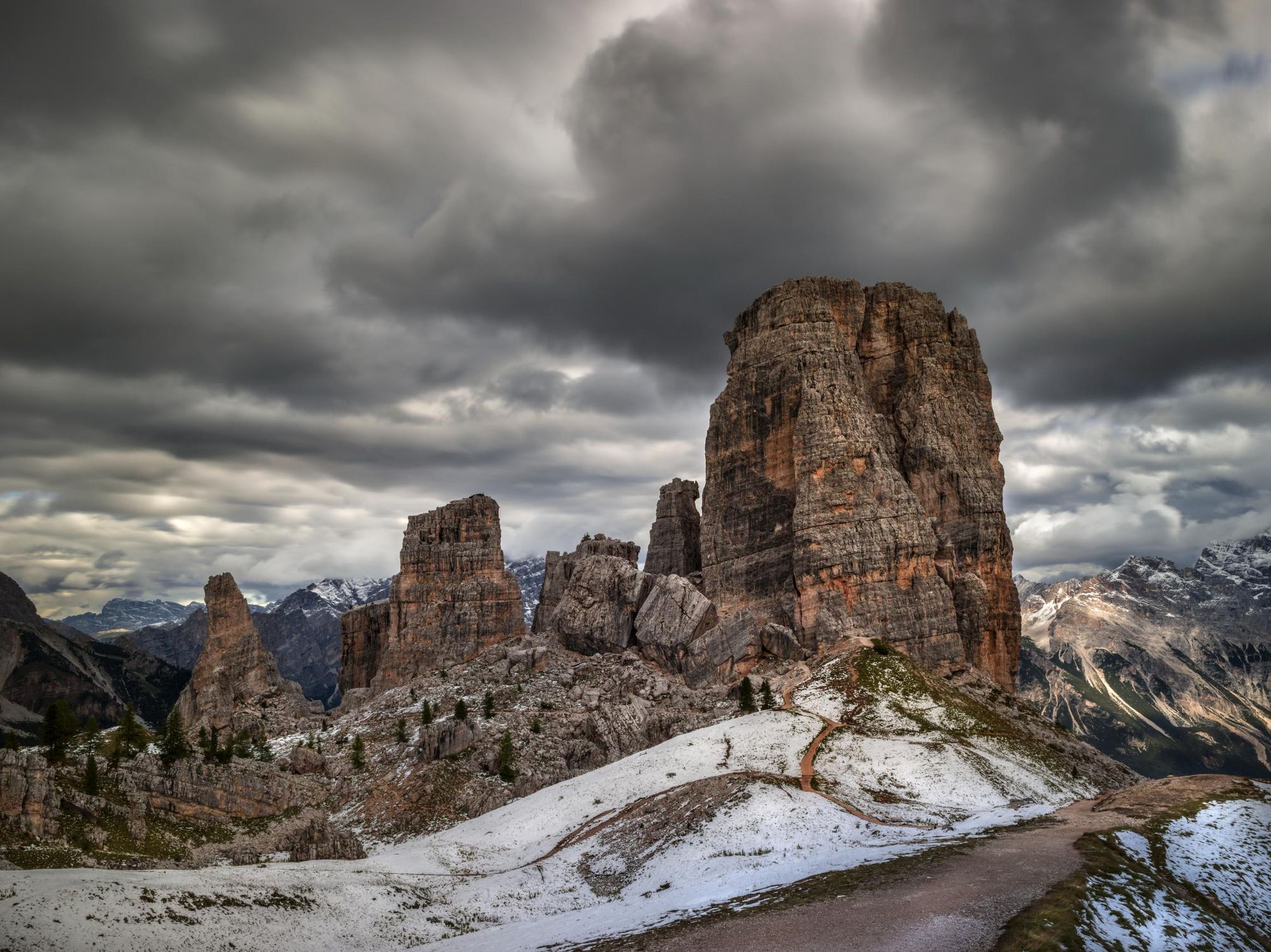 Cinque Torri in early autumn, just after the first snow. Photo: Getty.